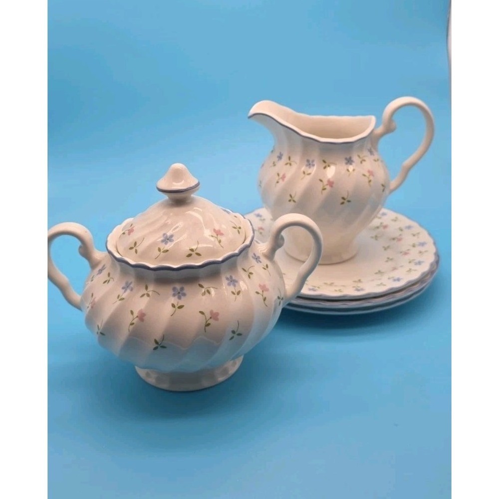Johnson Brothers Melody Blue Trim Scalloped Creamer Sugar Bowl With Lid 3 Plates
